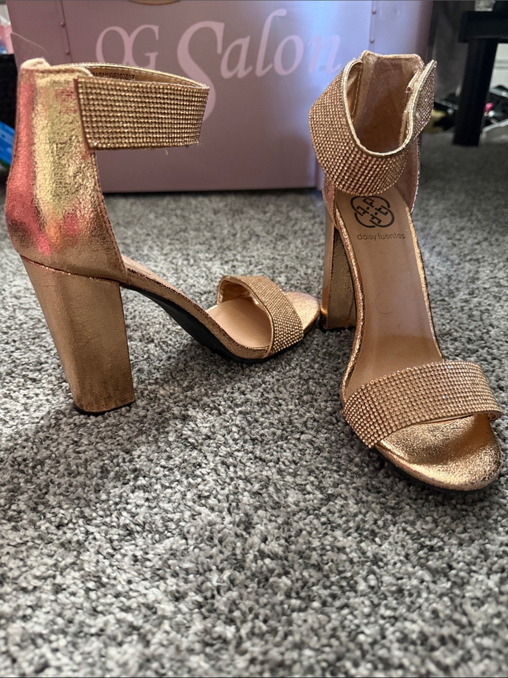Daisy Fuentes Metallic Rose Gold Block Heels with Embellished Straps